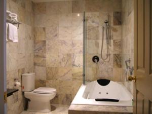本迪戈三叶草酒店的带淋浴、盥洗盆和卫生间的浴室