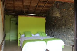 IsóbolMas Ravetllat的一间卧室配有一张带绿色墙壁的床