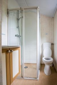 瓦赫宁根Chalet vakantie Wageningen的一间带卫生间和玻璃淋浴间的浴室