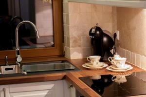 戈乌达普Apartamenty Euphoria的厨房柜台设有水槽和2个茶杯