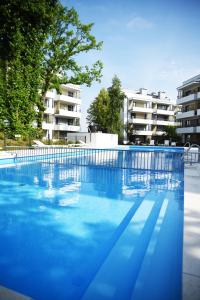 尤斯托尼莫斯基Apartament Szmaragdowy的一个大型蓝色游泳池,其建筑背景为: