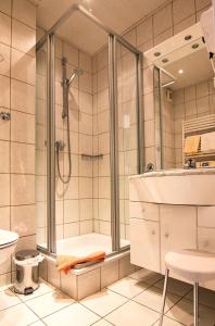 瓦尔德克Garni Hotel & Ferienwohnungen Seeschlößchen的带淋浴和盥洗盆的浴室
