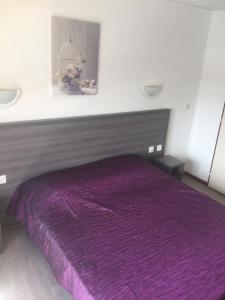 滨海苏拉克Hôtel Le Neptune的卧室内一张带紫色床罩的床
