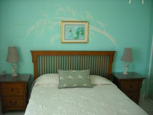 里奥格兰德Ocean View Apartment的一间卧室配有一张带2个床头柜和2盏灯的床。