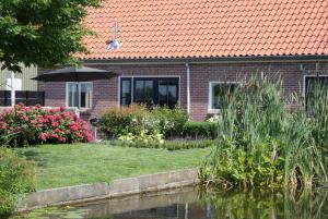 NoordenGastenverblijf De Natureluur的池塘旁带雨伞的房子
