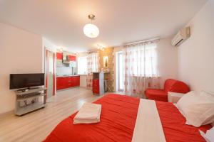 基辅萨克萨汉斯考霍合作伙伴旅馆的一间带红色床的卧室和一间客厅