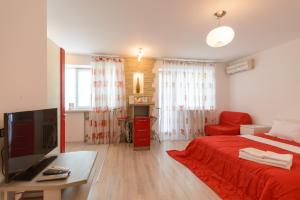基辅萨克萨汉斯考霍合作伙伴旅馆的客厅配有红色的床和电视