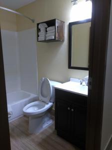 塔尔萨世博酒店的一间带卫生间、水槽和镜子的浴室