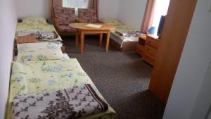 OsiekiHostel Dworek Osiecki KORAL的客房设有三张床和一张带电视的桌子。