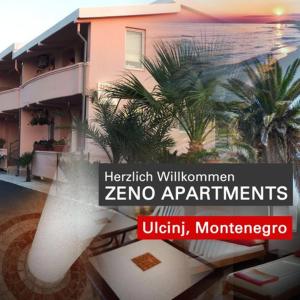 乌尔齐尼Familien Apartment Zeno的一座建筑和棕榈树的酒店标志