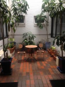 悉尼沙威双湾酒店 的天井配有桌椅和盆栽植物