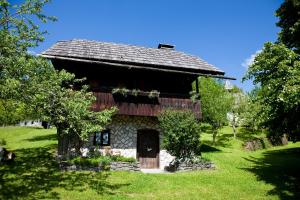 卢斯Domačija Koklej - Apartments Vintage Vacation的绿色田野上带屋顶的旧谷仓