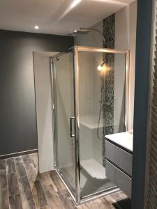 勒泰克Les Rives du Bassin的浴室里设有玻璃门淋浴