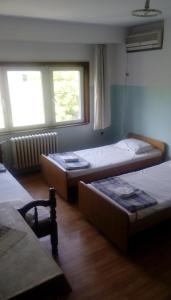 斯科普里Hostel Mlin Balkan的带三张床和两扇窗户的房间