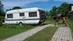 尤尔马拉Summer bungalo trailer的停在雕像旁边的草丛中的 ⁇ 