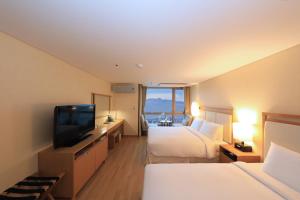济州市济州岛海洋套房酒店的酒店客房设有两张床和一台平面电视。