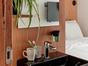 阿姆斯特丹Q工厂酒店 的一间带水槽、咖啡壶和杯子的浴室