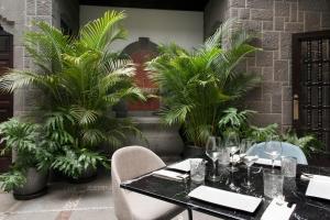 大加那利岛拉斯帕尔马斯Suites 1478的一间配备有桌椅和棕榈树的用餐室