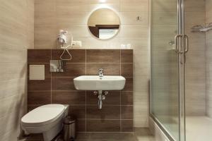 维尔纽斯旧城特里奥酒店的浴室配有卫生间、盥洗盆和淋浴。