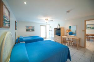 南帕诸岛南帕德里岛海滩租住酒店的一间带蓝色床的卧室和一间客厅