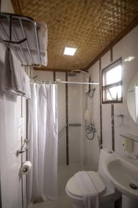 公主港波多宾馆的带淋浴、卫生间和盥洗盆的浴室