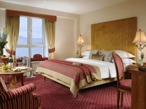 戈尔韦戈尔韦海湾会议及娱乐中心酒店的酒店客房设有一张床和一个大窗户