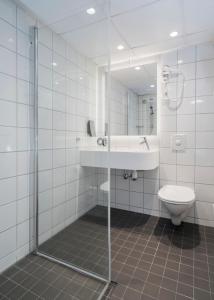 滕斯贝格滕斯贝格布莱格松恩酒店的带淋浴、卫生间和盥洗盆的浴室