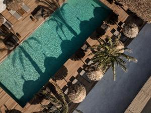 马尔马里OKU Kos的享有棕榈树游泳池的顶部景致