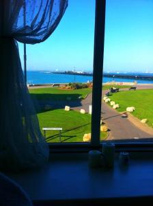 赖德桃源岛别墅酒店的享有田野和海洋景致的窗户