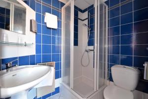 沙特努瓦Hotel Restaurant Dontenville的带淋浴、卫生间和盥洗盆的浴室
