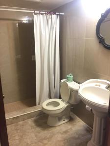 拿骚Sun Fun Hotel的浴室配有卫生间、盥洗盆和淋浴。