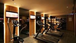 高雄水京栈国际酒店 的健身房设有一排跑步机和有氧运动器材