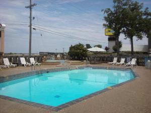 欧塞奇比奇鹌鹑巢套房酒店的周围设有椅子的大型蓝色游泳池