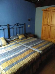 Las Vegas De CardeoCasa De Aldea Fonfria的一间卧室设有一张蓝色墙壁的大床