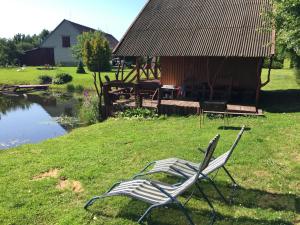 普拉特利艾Antano Razgaus kaimo turizmo sodyba的坐在池塘附近的草上一对椅子