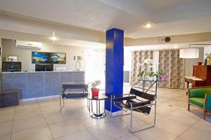 利勒鲁斯海滨喷泉酒店的客厅配有椅子和蓝色柱子