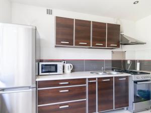 比亚韦斯托克Pałacowa Condominium的一间带木制橱柜和微波炉的厨房