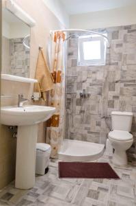 法里拉基Maestro Apartments Faliraki的一间带水槽、卫生间和淋浴的浴室