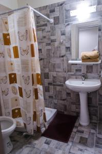 法里拉基Maestro Apartments Faliraki的浴室配有水槽、卫生间和浴帘