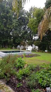 帕尔Afrika-Pearl的公园内一个带两把白色椅子的游泳池