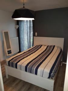 特鲁瓦蓬Au bord de l'eau的一间卧室配有带条纹棉被的床和窗户