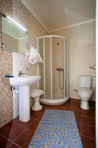 科莫蒂尼奥林波斯酒店的带淋浴、盥洗盆和卫生间的浴室