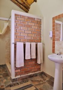 卡萨内Thebe River Safaris的砖墙上的浴室配有白色毛巾