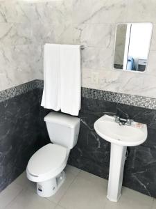 马萨特兰Mona Inn的浴室配有白色卫生间和盥洗盆。