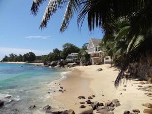 Glacis布里斯塞舌尔精品酒店的一片拥有岩石和棕榈树的海滩和一座房子
