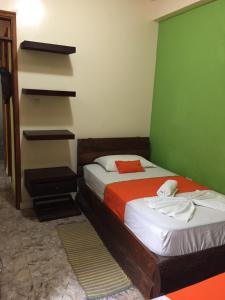 莱蒂西亚ApartaHotel Tierras Amazonicas的一间卧室设有两张床和绿色的墙壁