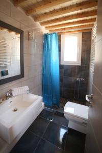 法纳里Blue SeaSide Studios的浴室设有水槽和蓝色的浴帘