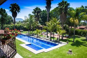 阿特利斯科埃斯梅拉达酒店的后院的形象,带有游泳池和棕榈树