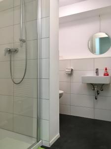 蒂宾根Ruhige Wohnung in zentraler Lage Tübingens的带淋浴和盥洗盆的浴室