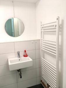 蒂宾根Ruhige Wohnung in zentraler Lage Tübingens的白色的浴室设有水槽和镜子